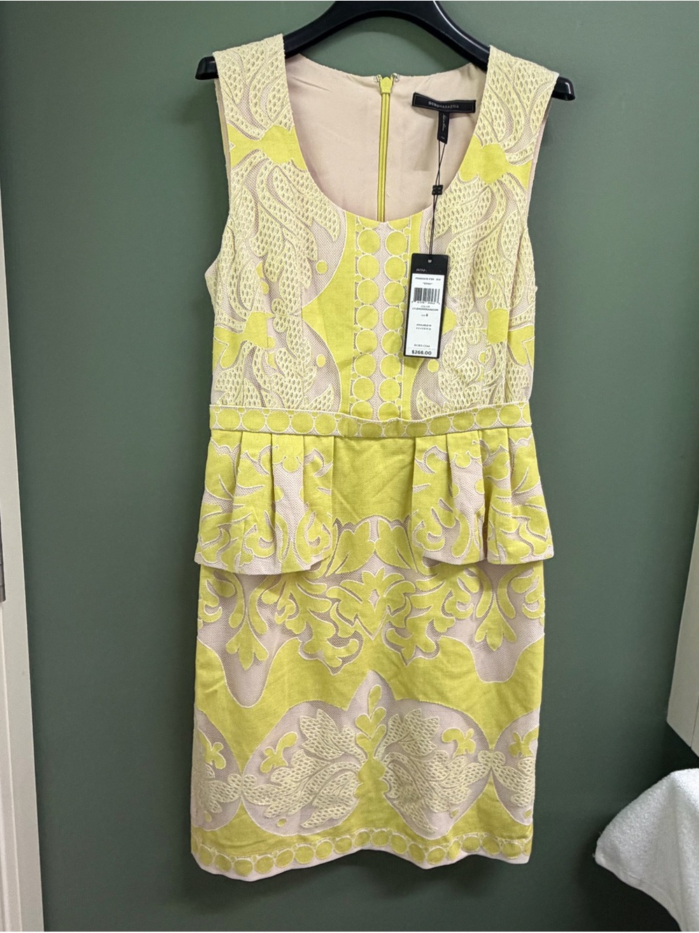 BCBG MAXAZRIA Yellow Lace-Overlay Peplum Sheath Dress